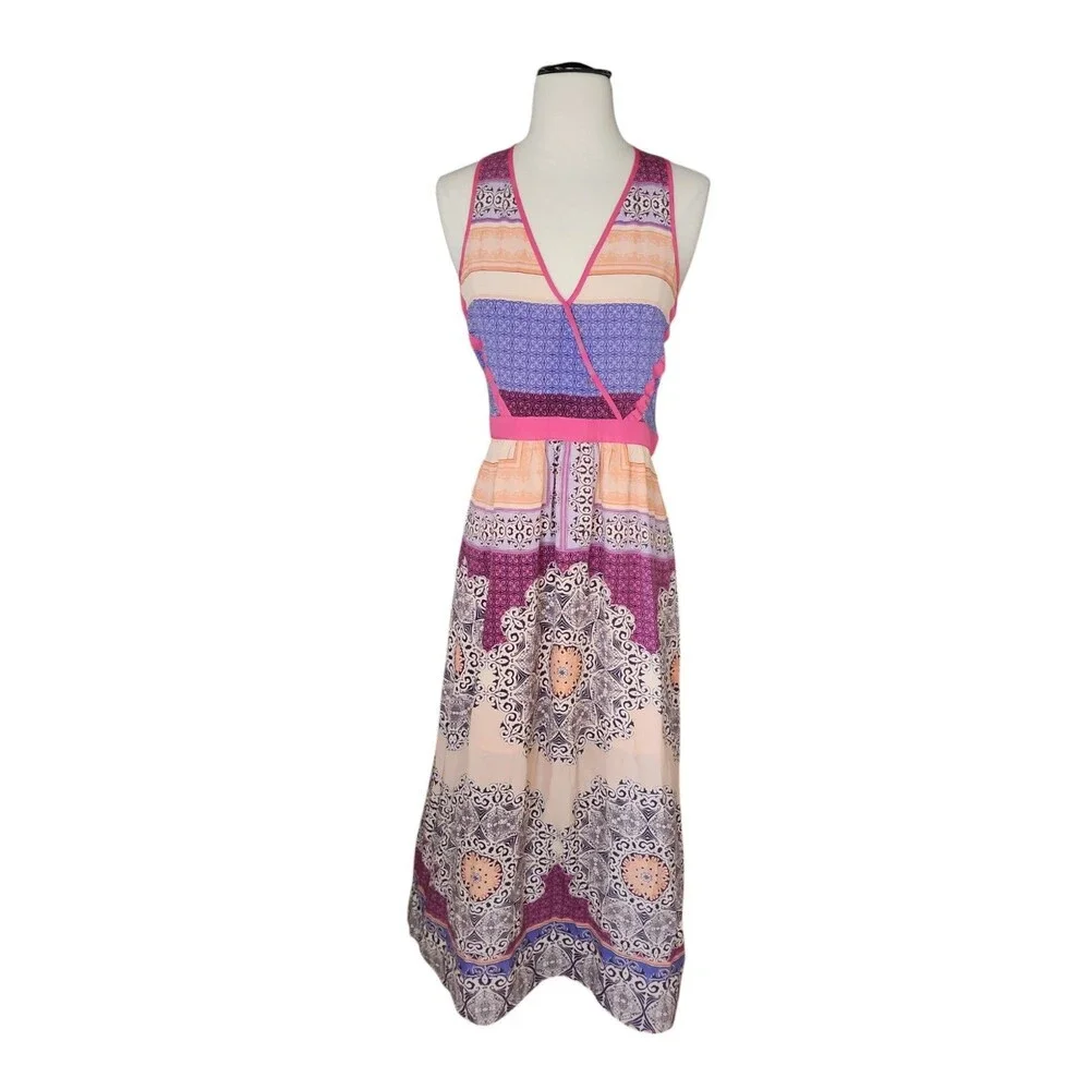 Spotlight By Warehouse Silk Mixed Print Maxi Dress Women's 6 US Pink Art To Wear
